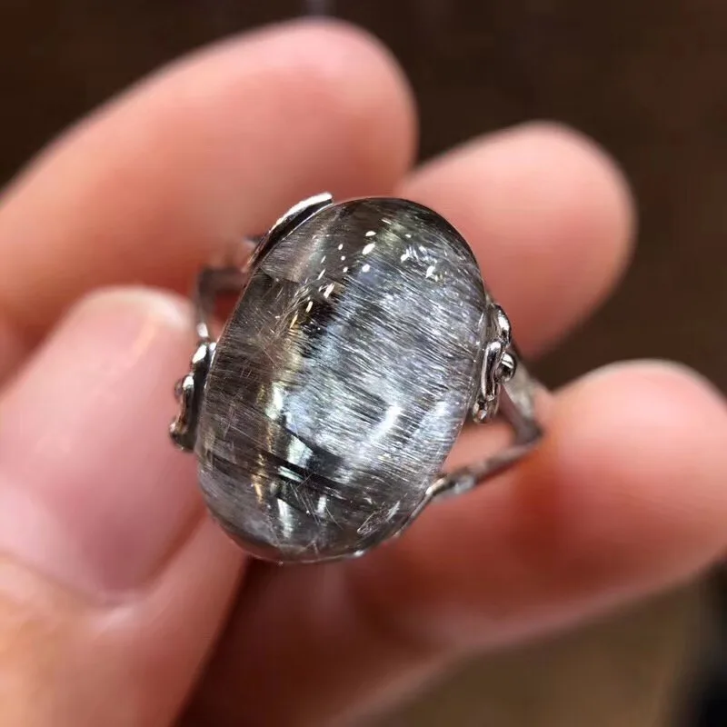 

15.8x10.5mm Natural Brookite Platinum Silver Rutilated Quartz Ring 925 Silver Metal Woman Man Crystal Adjustable Size Ring AAAAA