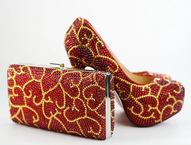 BaoYaFang/черные женские свадебные туфли со стразами и сумочкой в комплекте; модные комплекты из туфель и сумочки; вечернее платье невесты; обувь на высоком каблуке - Цвет: 11cm red set