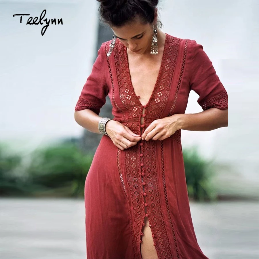 Длинное платье TEELYNN Boho винтажное с цветочным принтом и кружевной строчкой