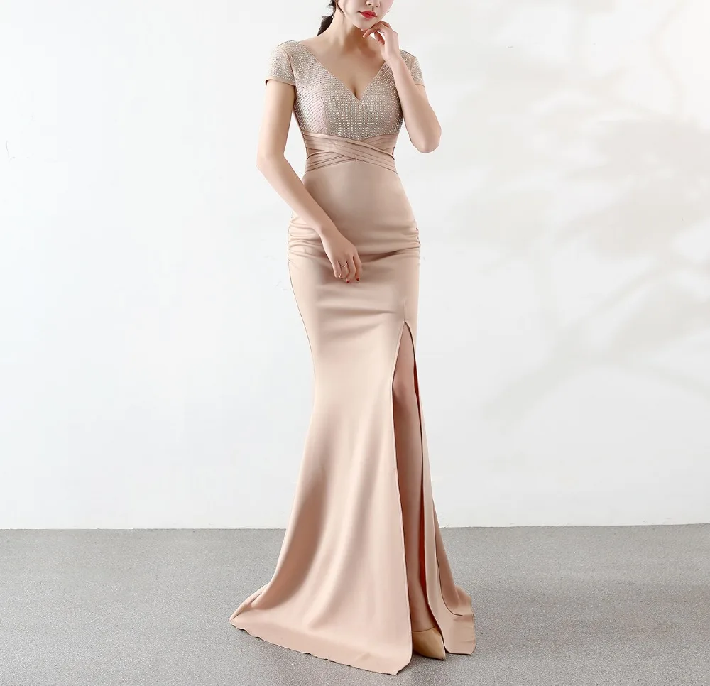 Solovedress Prom Dress Mermaid Бисер с разрезом на ноге прорезью официальное свадебное платье Кепки рукава с глубоким v-образным вырезом платье с
