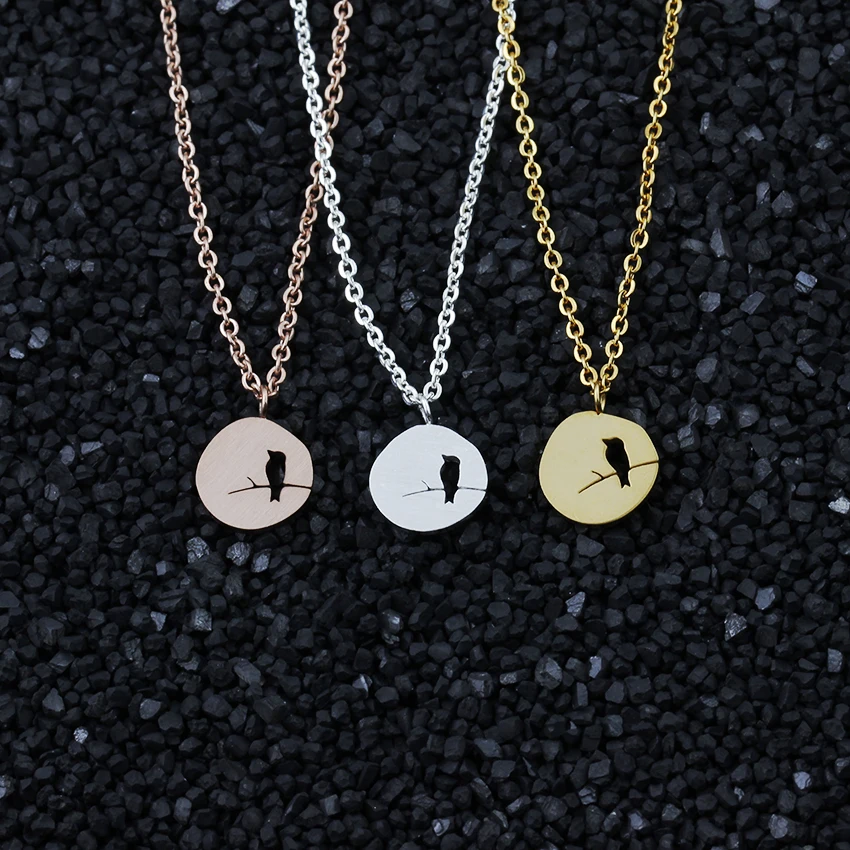 

V Attract Fashion Silhouette Bird Branch Round Coins Pendant Necklace Women Men Classical Jewelry Rose Gold Chocker