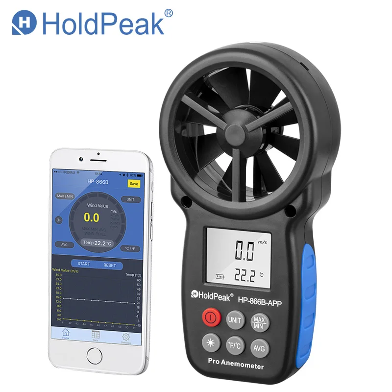 

HOLDPEAK 866B-APP 0.3~30m/s Digital Anemometer With Mobile APP Wind Speed Measurement Meter Measure Temperature Test Wind Chill