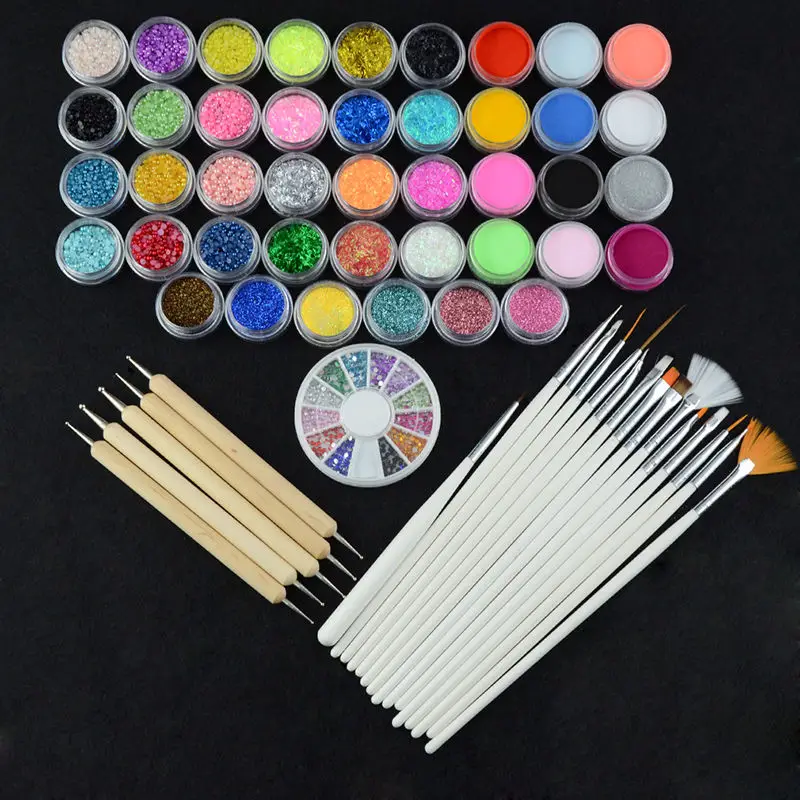 

42 Mix Colors Acrylic Glitter Powder Builder Sculpture Powders Pearls + 20pcs Brush Pen Nail Art Tips Decor Kit Manicure Set