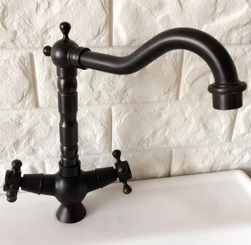 Black Oil Rubbed Brass Dual Cross Handles One Hole Bathroom Kitchen Basin Sink Faucet Mixer Tap Swivel Spout Deck Mounted mnf363
