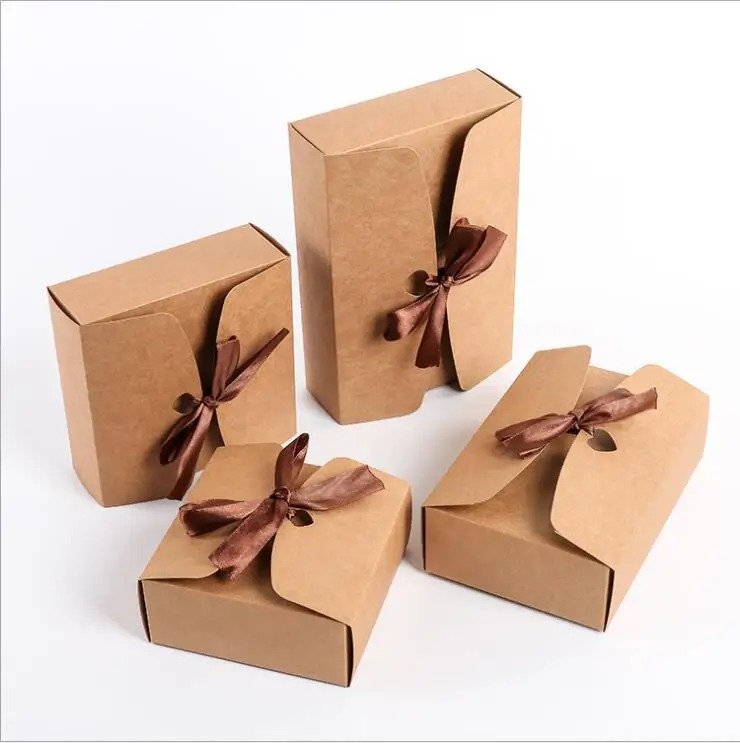 10 шт/партия крафт-бумажные коробки с лентой, свадебные сувенирные коробки, черная картонная упаковочная коробка большие вечерние подарочные коробки - Цвет: Коричневый