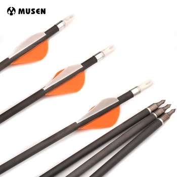 

6/12/24 pcs 30" Spine 350 Pure Carbon Arrows OD7.6MM/ID6.0MM with 1 White 2 Orange Plastic Feather for Recurve Bow Archery