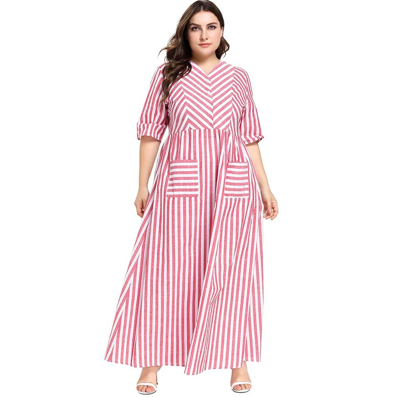 

Summer Women Striped Pink Abaya with Pocket Muslim Dress Plus Size caftan marocain Long Dresses Half Sleeve Vestidos M- 4XL