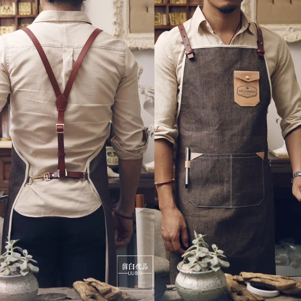 Cafe restaurant aprons leather denim apron men and women leather straps