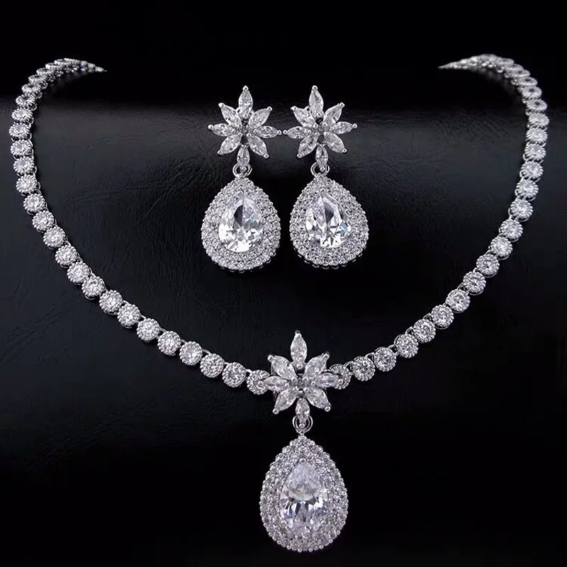 

Top Quality Cubic Zirconia Jewelry Set for Wedding Water Drop Necklace and Earring Sets Luxury Silver and Gold Costume Jewelry