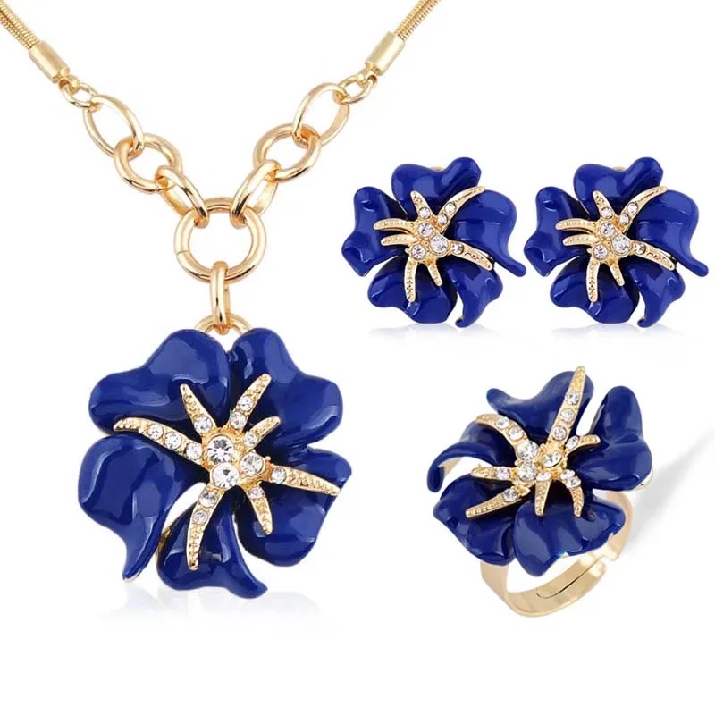 

European and American fashion 3p Golden Big Rose Rhinestone Jewelry Sets Enamel Fine jewellery Set for women charm Accessories