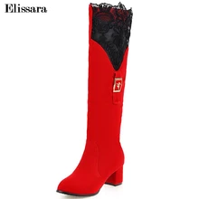 Elissara Стильные женские сапоги до колена Для женщин Блок Ботинки на среднем каблуке; женская обувь из искусственной замши размера плюс; большие размеры 31-43