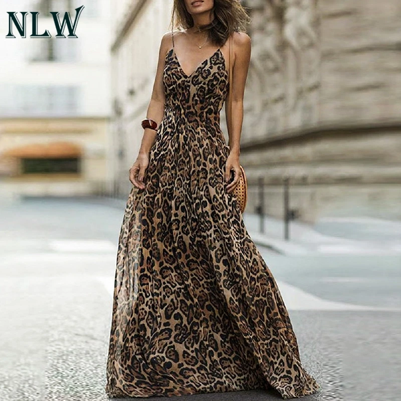 NLW Spagheteei Платье макси с леопардовым принтом женское длинное платье вечернее шифоновое платье Vestidos осень зима