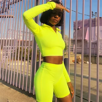 

New Women's Fluorescent Fitness Two-piece Spring 2019 Full Sleeve Zip-up Turtleneck And High-waisted Shorts Set