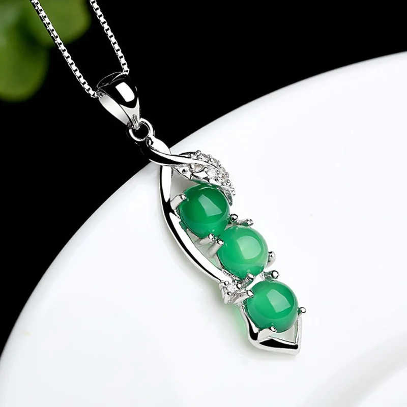 OMHXZJ European Fashion Woman Girl Party Gift Bean Chalcedony Zircon 925 Sterling Silver Necklace Pendant Charm CA45