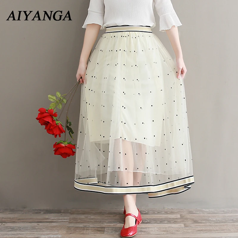 New Long Style Mesh Skirts Women Dot Elastic Waist Female Voile Skirt