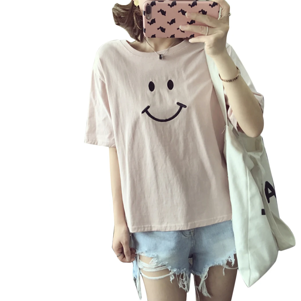 Sonrisa imprimir camiseta mujeres manga corta o-cuello camiseta verano Ladies casual camiseta sólida Tops camiseta Mujer Sonrisa imprimir camiseta mujeres manga corta o-cuello camiseta verano Ladies casual camiseta sólida Tops camiseta Mujer