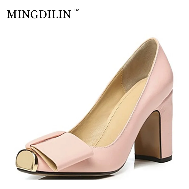 

MINGDILIN Square Head Genuine Leather Coarse Heel Women Party Fashion Shoes Metal Decoration Four Seasons High Heel Plus Size