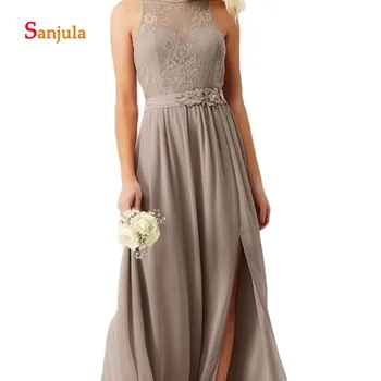 

Chiffon Bridesmaid Dresses 2019 O-Neck Lace Top Maid of Honor Dresses with Sashes Open Back Leg Slit Night Party Dresses D429