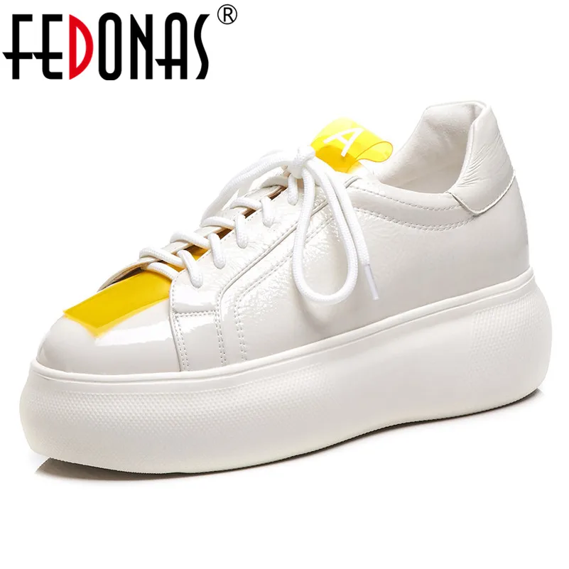 

FEDONAS Women Patent Leather Platforms Flats 2020 New Spring Autumn Shoes Woman Fashion Round Toe Lace Up Casual Female Sneakers