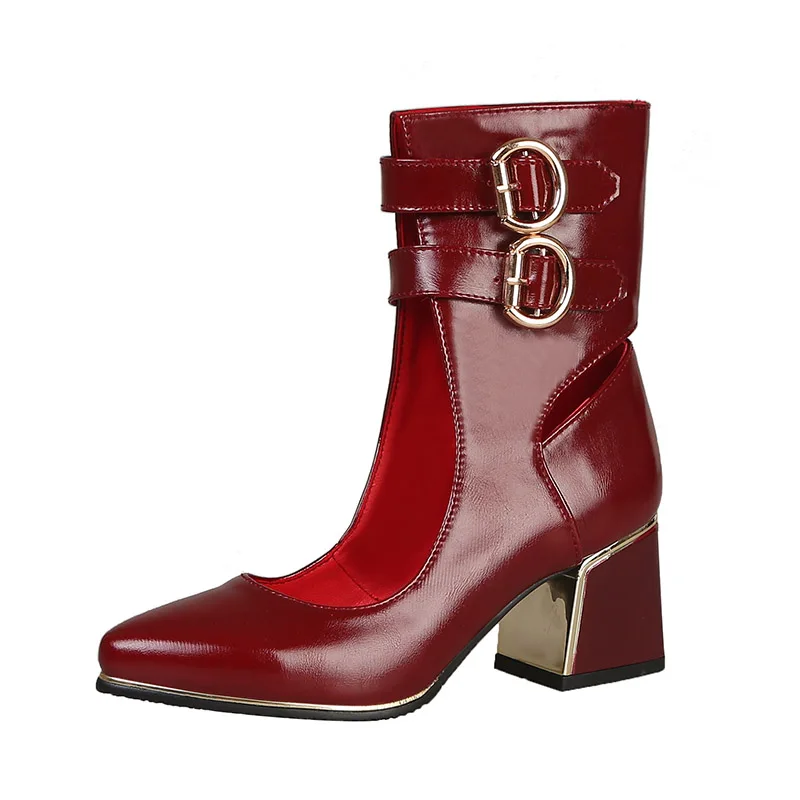 WETKISS de talla grande 32-48 botas de tobillo para mujer calzado de punta puntiaguda con cremallera botas de tacón alto grueso zapato de gladiador para mujer primavera - Цвет: Бордовый