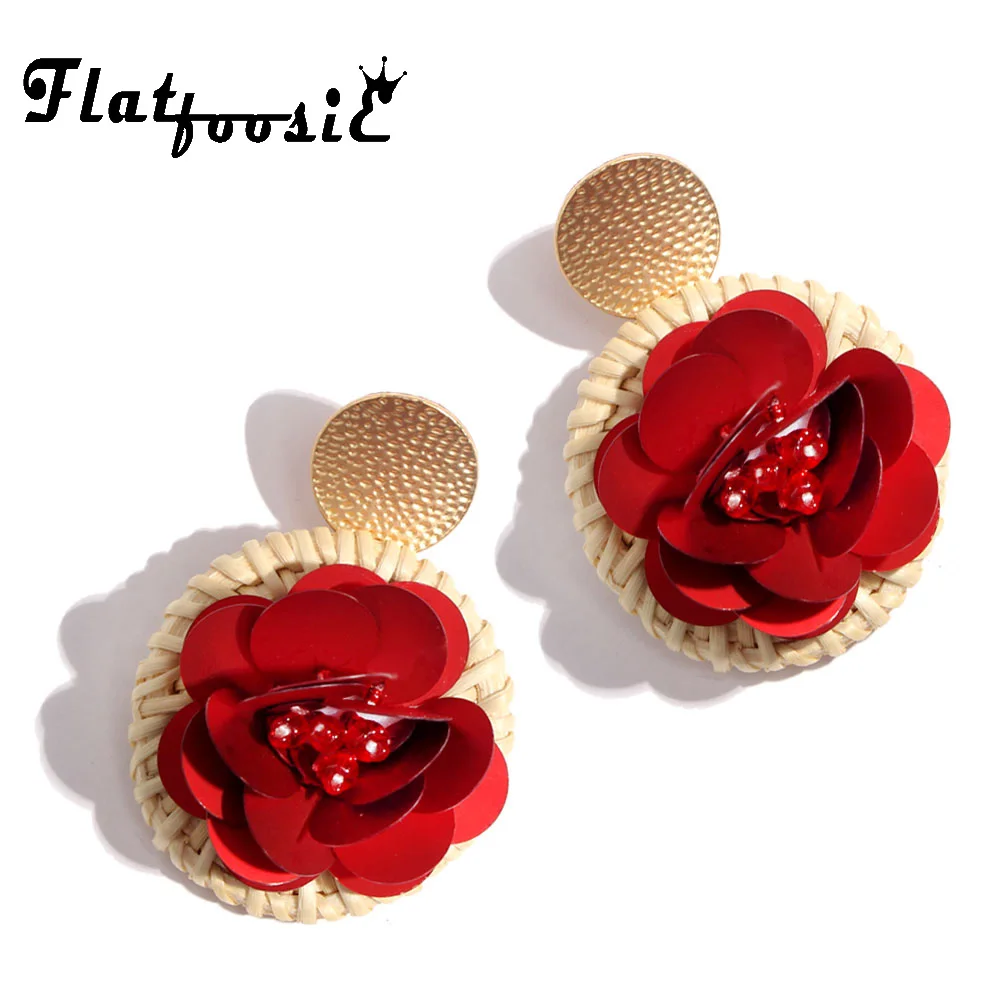 

Flatfoosie Sequin Flowers Round Dangle Earrings Beads Rattan Straw Weave Handmade Big Earring For Women Bohemia 2018 New Jewelry