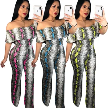 

Spring Summer Women Jumpsuit Bodycon Playsuit Bodysuit Overalls Rompers Plus Size Ruffles Snake Print Ruffles Jumpsuits Sexy