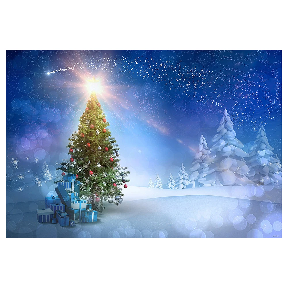 7x5ft Blue Sky Xmas Photography Backdrop Snow Christmas Tree Glitter