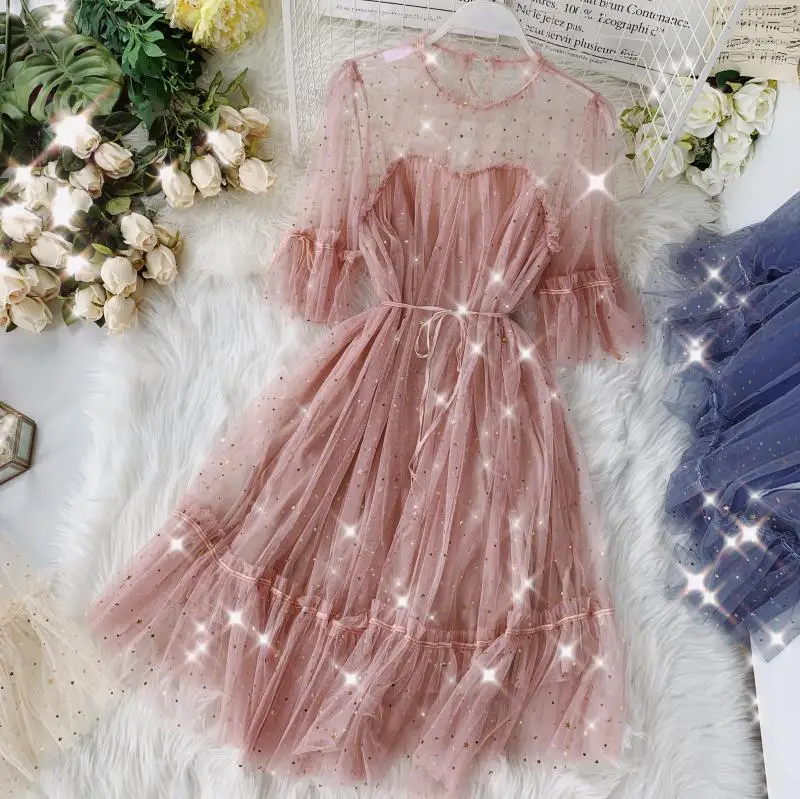 

2019 new fashion women's dresses Sequined star mesh dress round neck short sleeve waist tie