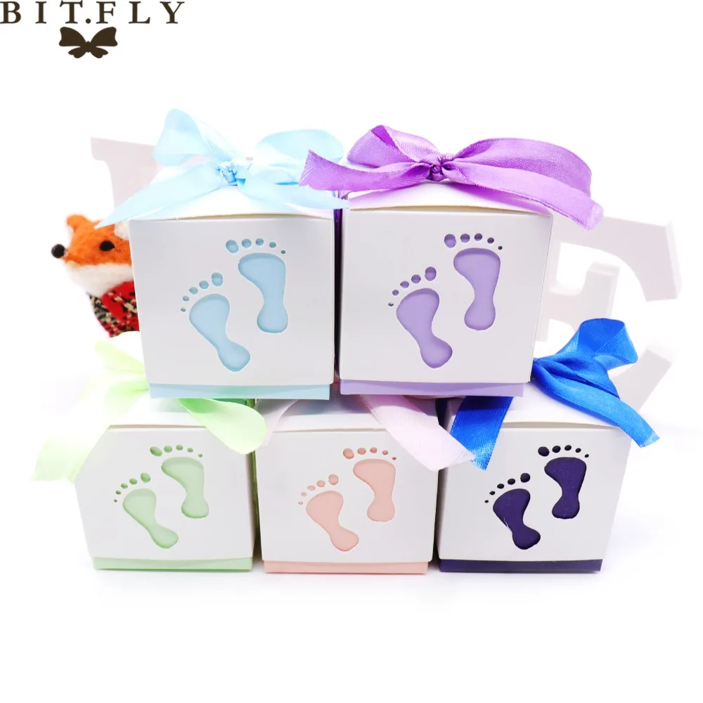 10 шт Детские лапки конфетные коробки мешок для сладостей Baby Shower Footprints на пляже любимая свободная лента для дня рождения свадьбы ребенка подарка