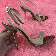 Women Stiletto Iron Thin High Heel Sandals Sexy Ankle Strap Open Toe Gold Glittering Party Bridals Wedding Lady Shoes 3845-i8 moraima snc newest sexy women sandals open toe cover heel ankle strap crystal fringe decoration thin high heel wedding shoes