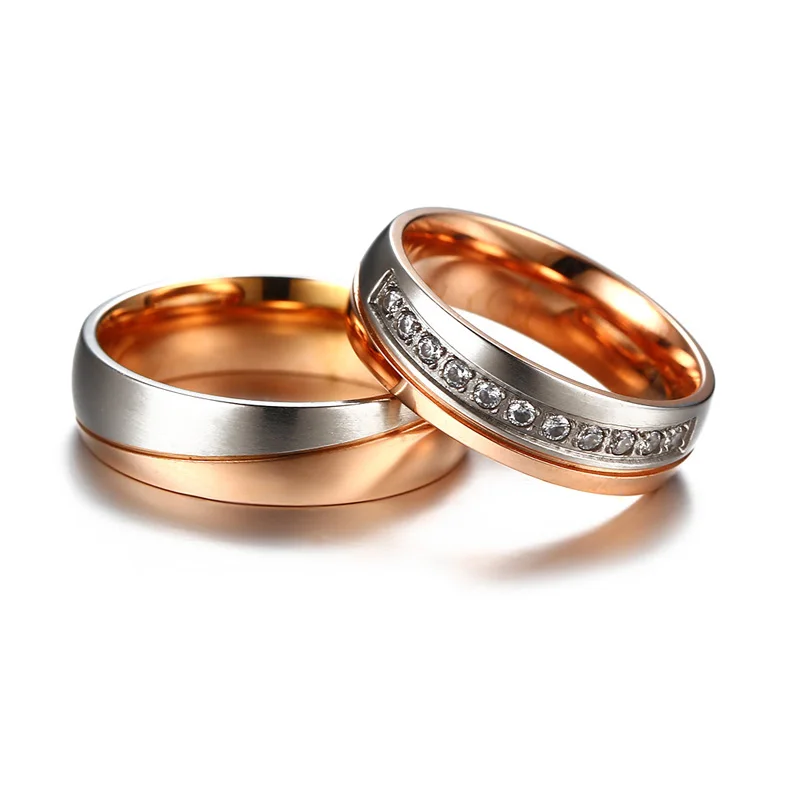 Vinterly Lovers Engagement Ring Rose Gold Color Stainless Steel Couple Wedding Bands CZ Stone Rings for Women Men Jewelry