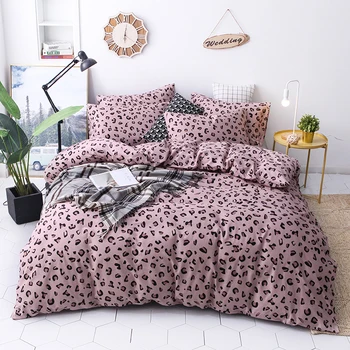 

100% Cotton Fashion Leopard Print Bedding Set pink Duvet cover set Bed flat Sheet Pillowcases Twin Queen size 3/4Pcs bedclothes