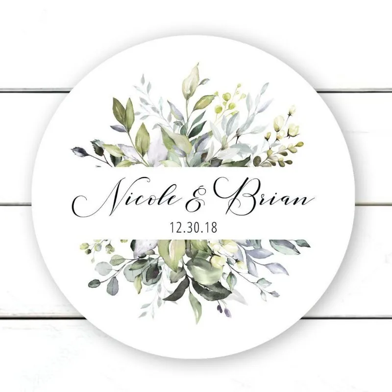 

100 Pieces, 3-7CM, Custom Personalized, Wedding Stickers, Candy Favors Gift Boxes Labels, Green Leaves