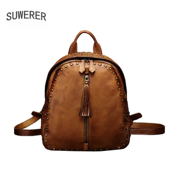 

2020 New women Genuine leather backpack Leisure travel bag backpack brand women leather bag fashion Designer Rivet backpack