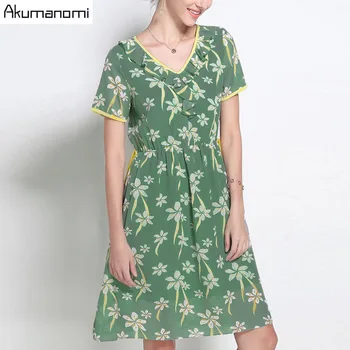 

Summer Chiffon Dress Women Clothing Green Ruffles V-neck Short Sleeve Draped A-line Dress Plus Size 5XL 4XL 3XL 2XL XL L M