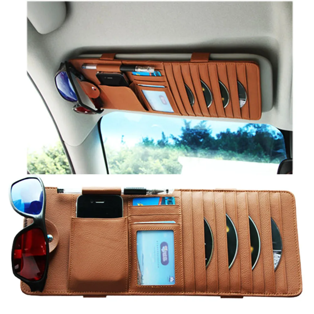 Genuine Leather Multifunction PU Car Sun Visor Storage Bag Auto Glasses Ticket Documents Folder Mobile Phone Organizer