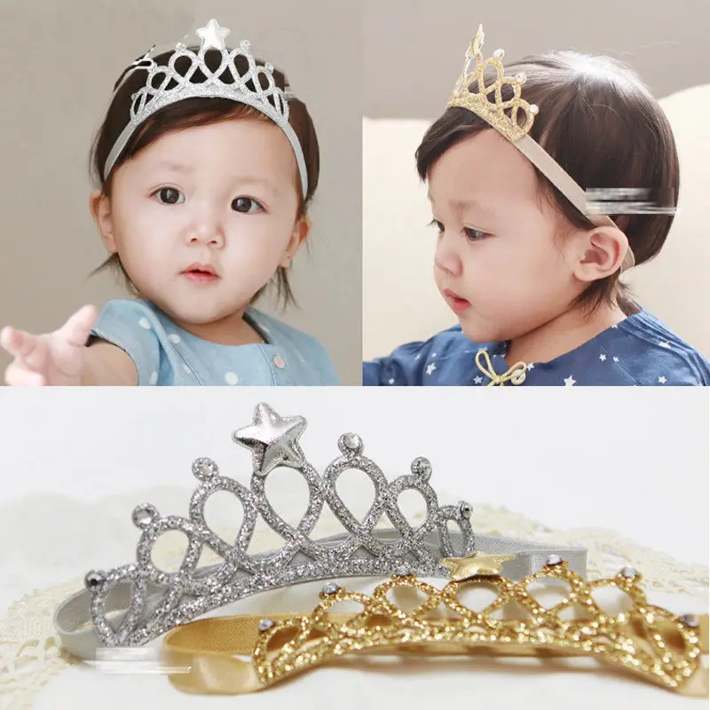 

New Children Toddler Kids Baby Girls Headwear Bow Gold Silver Star Crown Tiara Princess Elastic Headband Hair Accessories