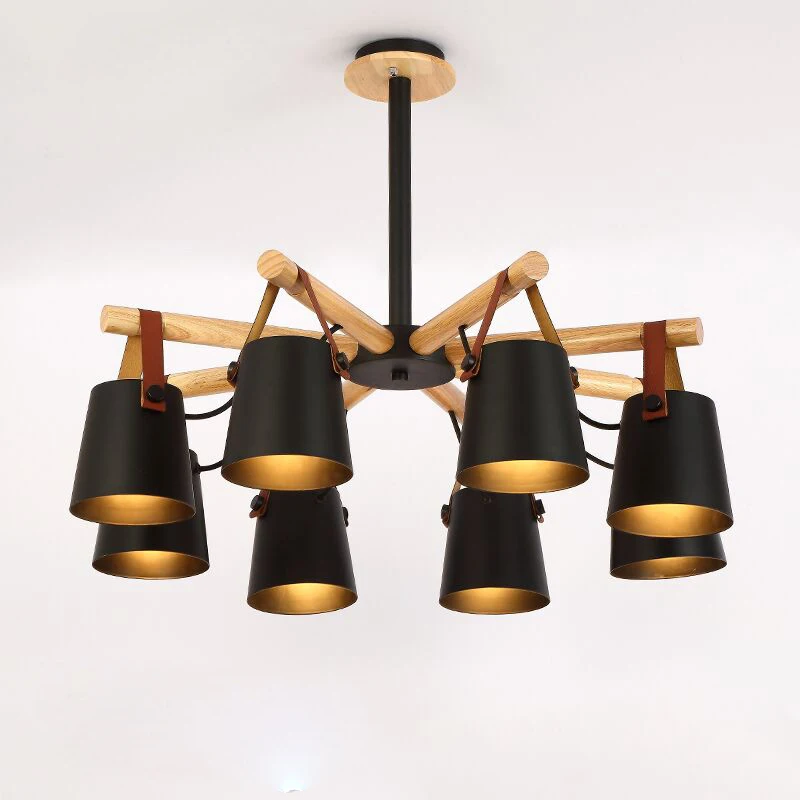 8 Lights in Black BOTIMI дизайнерская люстра освещение современный светодиодный люстра с железными абажурами 110 в 220 в деревянные люстры фойе подвесное освещение - Цвет абажура: 8 Lights in Black