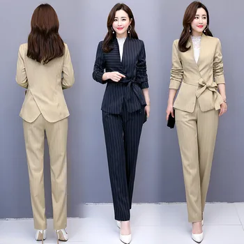 

Women's suits are now popular new ladies striped V-neck suit two-piece suit (jacket + pants) ladies business casual hipster suit