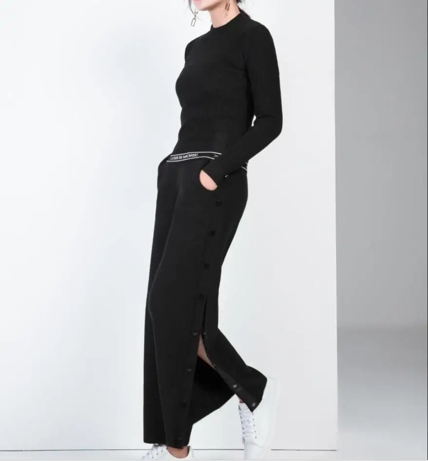 Комплект из двух предметов, женский осенний зимний модный шерстяной вязаный Топ с круглым вырезом+ широкие штаны