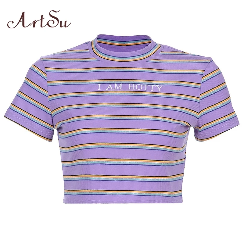 

ArtSu Purple Striped T-shirt Short Sleeve Crop Top Letter Embroidery Funny T shirts Women Tee Shirt Streetwear Summer ASTS20906