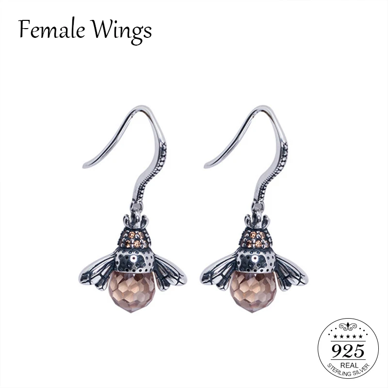 

Female Wings 925 Sterling Silver Pink Cubic Zircon Bee Earrings For Woman Gift Animal Drop Earring Valentine Jewelry FE017
