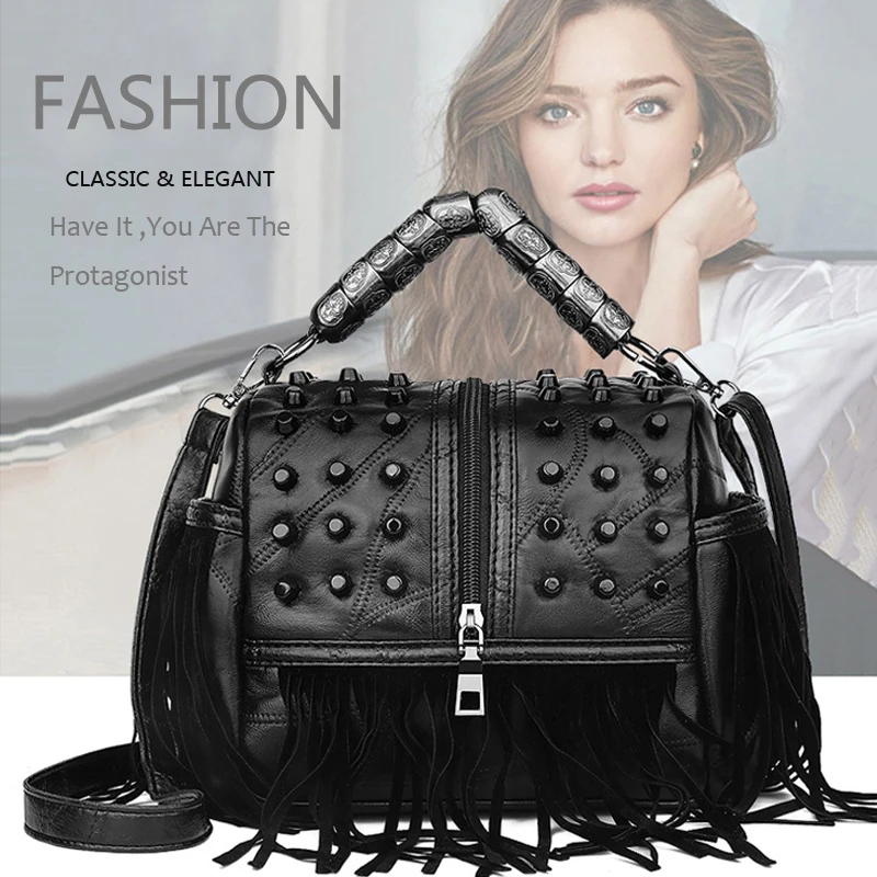 Buy Tassel Rivet Genuine Leather Bag black Women