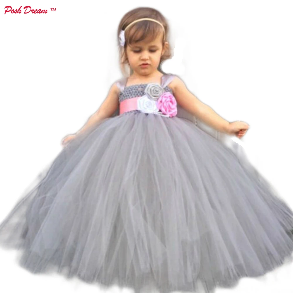 

POSH DREAM Grey Pink Flower Girl Tutu Dress Wedding Birthday Photo Prop with Pearls Kids Girls Flower Party Clothes Kids Dresses