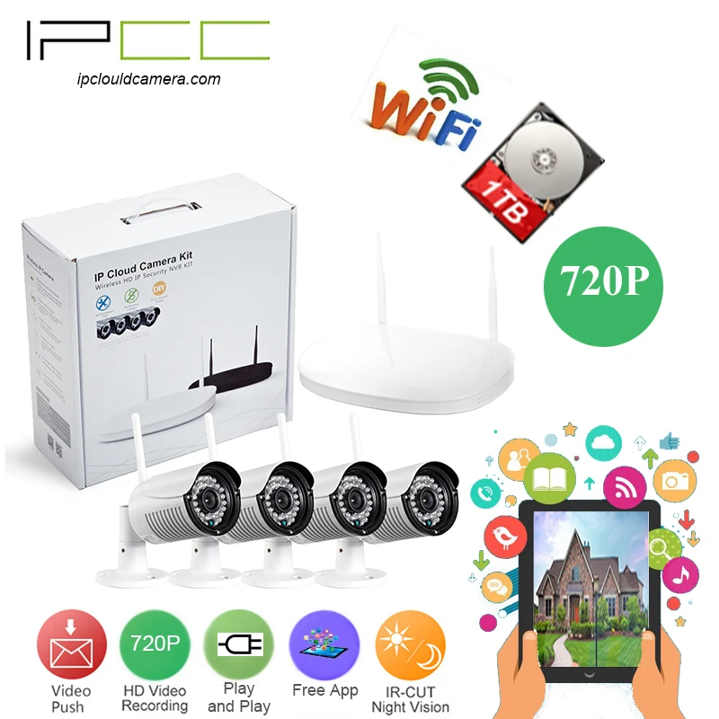 

IPCC 4CH CCTV System Wireless 720P NVR with 4PCS 1.0MP IR Outdoor P2P Wifi CCTV Security Camera System Surveillance Kit 1TB HDD