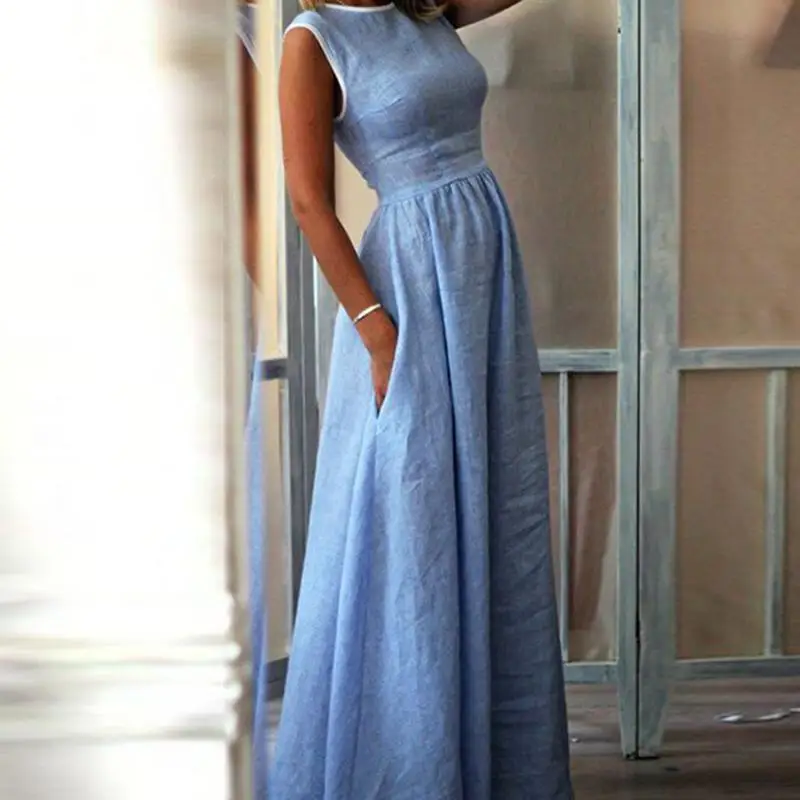

Fenghua Fashion Pocket Sleeveless O-neck Long Party Dress Elegant Women Dress Summer 2019 Casual Solid Maxi A-line Dresses Boho