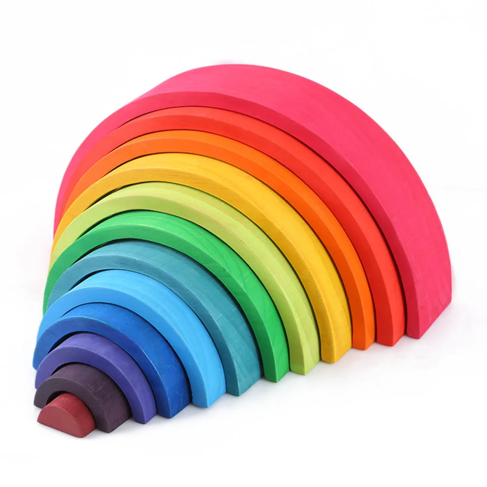 

12 Pcs Wooden Educational Montessori Rainbow Puzzle Colored Arch Bridge Building Shapes Sorting Preschool Toy