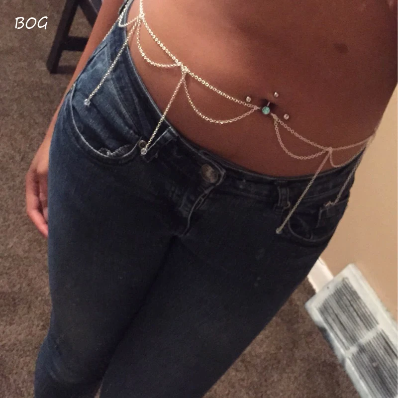 BOG 1 PC Belly Button Ring And Chain Pierced Navel Chain Bod