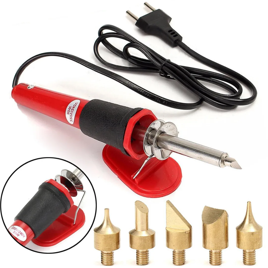 7pcs 30W Pyrography Tool AC 220-240V Electric Soldering Iron Engraving Pen Kit Set with Interchangeable Brass Tips