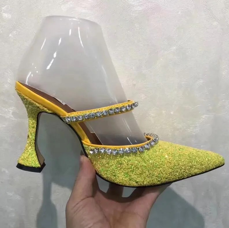 Г.; пикантные блестящие шлепанцы на высоком каблуке с острым носком; женская обувь с пряжкой и кристаллами; вечерние туфли с блестящими вставками - Цвет: yellow